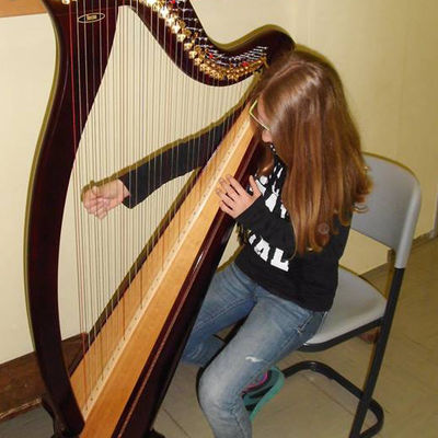 Bild vergr&ouml;&szlig;ern: Ein Kind spielt an der Harfe