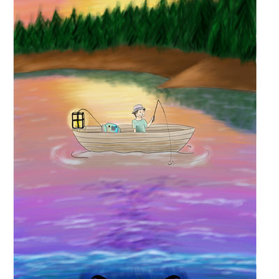 Bild vergr&ouml;&szlig;ern: See bei Sonnenuntergang und ein Boot mit Angler darauf, unter dem Boot befindet sich ein Unterwassermonster