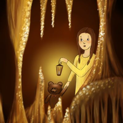 Bild vergr&ouml;&szlig;ern: M�dchen in einer Tropfsteinh�hle mit Teddy und Lampe in der Hand