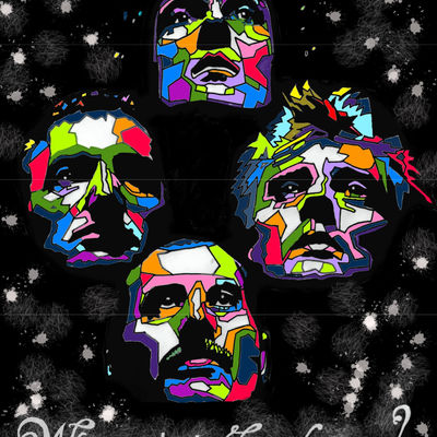 Bild vergr&ouml;&szlig;ern: Bild mit den bunten Gesichtern der Band Queen auf schwarzem, wei� geflecktem Hintergrund und der Schrift Who wants to live forever?