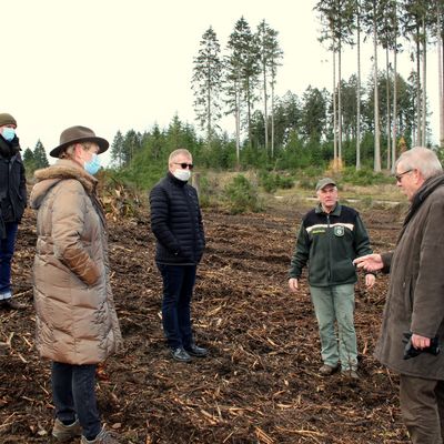 Bild vergr&ouml;&szlig;ern: Von links Dr. Ina Kirchhoff, B�rgermeister Christian Pospischil, Thorsten Cramer, Ludgar Gabriel, Willi Franke-Hameke, Prof. Thomas Kirchhoff und Arndt G. Kirchhoff stehen im Wald.