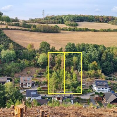 Bild vergr&ouml;&szlig;ern: Foto der begr�nten Grundst�cke mit Nachbarh�usern und eingezeichnetem Grundst�cksverlauf