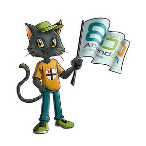 Bild vergr&ouml;&szlig;ern: Zeichnung des Attendorner Maskottchens Attendix mit einer Fahne.